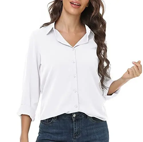 Produktbild: DEARCASE Damen Casual Button Down Hemd V-Ausschnitt Chiffon Langarm Büro Blusen Damen Loose Fit Sommer Tops, X-Large White