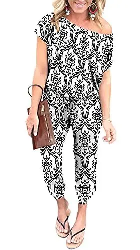 Produktbild: DEARCASE Damen Elegant Schulterfrei Lose Jumpsuit Kurzarm Playsuit Dehnbar Overall Hosenanzug Elastische Taille Romper mit Taschen
