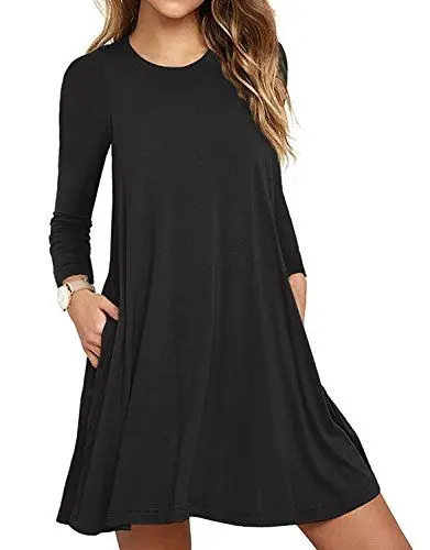 Produktbild: DEARCASE Damen Kleid Blumen Freizeitkleider Lange Ärmel Knielang Rundhal für Damen Plus Größe Elegant Strand Kleider mit Taschen (Schwarz, S)