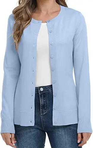 Produktbild: DEARCASE Damen Langarm Offene Front Gestrickte Strickjacken Knopf Rundhalsausschnitt Pullover Leichte Einfarbige Pullover, Small Light Blue