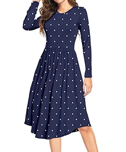 Produktbild: DEARCASE Damen Sommer Polka Dot Lässige Midi Tunika Lange Ärmel Schlichtes Kleid Plissee Lose Fließende Blumen Damen Kleid mit Tasche