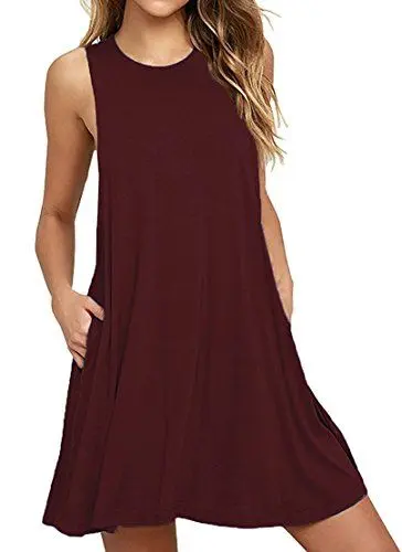 Produktbild: DEARCASE Freizeitkleid für Frauen im Sommer Ärmelloses T-Shirt-Kleid mit Rundhalsausschnitt Elegantes Mini Strandkleid mit Taschen, Weinrot XL