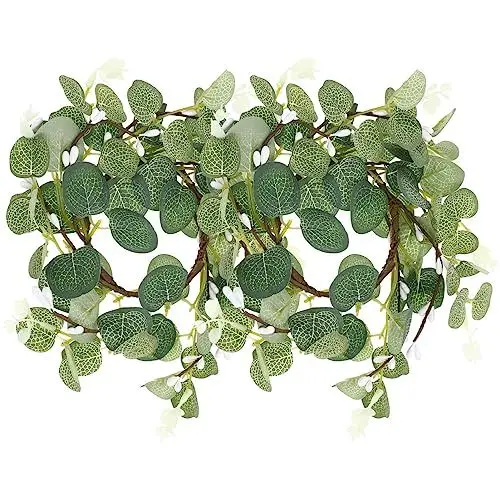 Produktbild: DEARMAMY 2 Stück Kerzenringe Kerzenkränze Kerzenringe Kränze Künstliche Eukalyptusblätter Kränze Kerzenhalter Kranz Stumpenkerzenhalter für Hochzeit Tisch Party Zuhause Osterdekoration