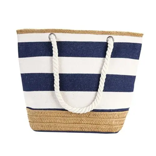 Produktbild: DEARMAMY Einfache Geometrische Streifen Umhängetasche Tote Handtasche Mit Baumwollseilgriffen Strandtasche Und Für Damen Ideal Für Freizeit Und Shopping