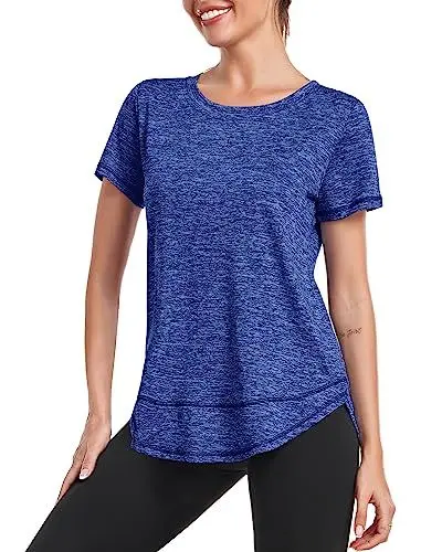 Produktbild: Deaviya Sport T-Shirt Damen, Kurzarmshirt Frauen, Workout Tops Rundhalsausschnitt Athletisch Lässig Laufen Yoga Fitness T-Shirts Locker Seite Split Tee