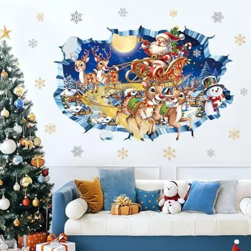 Produktbild: decalmile 3D Weihnachten Fenster Wandtattoo Weihnachten Weihnachtsmann Wandaufkleber Rentiere Schneemann Schneeflocken Wandsticker Kinderzimmer Wohnzimmer Weihnachten Party Weihnachtsdeko