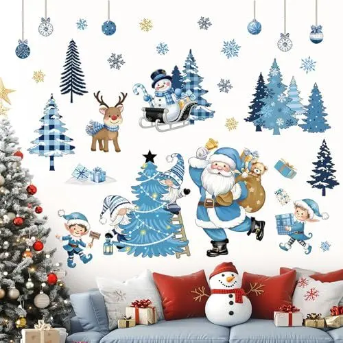 Produktbild: decalmile Blau Weihnachten Fenster Wandtattoo Weihnachtsman Wandaufkleber Weihnachtsbaum Gnome Schneemann Goldene Schneeflocken Wandsticker Kinderzimmer Weihnachten Party Weihnachtsdeko