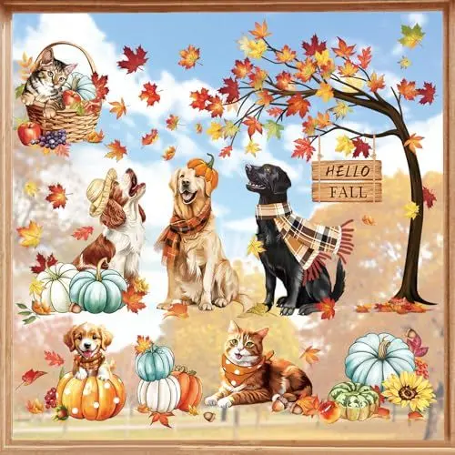 Produktbild: decalmile Fensteraufkleber Ahornblätter Kürbis Hallo Herbst Fenster Abziehbilder Gelbe Blätter Katze Hund Anti-Kollision Fensterfolie Glas Fensterdeko Aufkleber