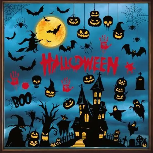 Produktbild: Decalmile Halloween Fensteraufkleber - Fledermaus, Hexe, Spukhaus, Geister, Kürbis - Wiederverwendbare Fenstersticker für Glas - Halloween Fensterdeko