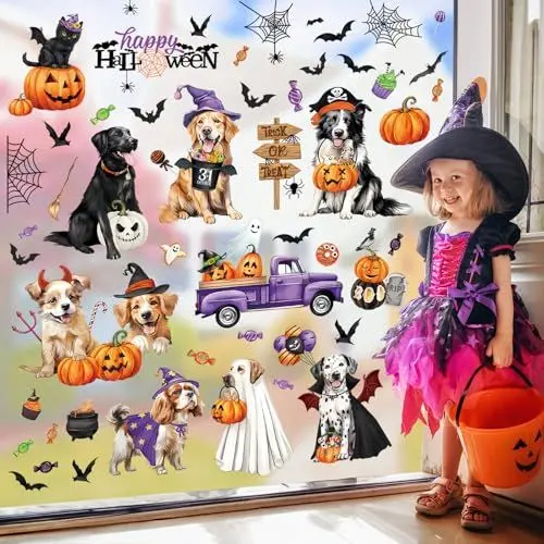 Produktbild: decalmile Fensteraufkleber Halloween Hunde Fenster Abziehbilder Kürbis Fledermäuse Süßigkeiten Anti-Kollision Fensterfolie Glas Fensterdeko Aufkleber