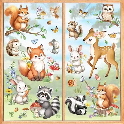Produktbild: decalmile Fensterbilder Kinderzimmer Waldtiere Fensteraufkleber Kinder Tiere Fenster Abziehbilder Hirsche Fuchs Hase Eichhörnchen Fenstersticker Wiederverwendbar Glasaufkleber Fensterdeko