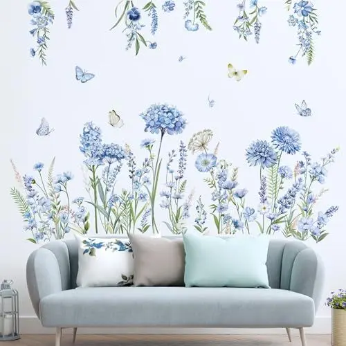 Produktbild: decalmile Wandtattoo Blumen Blau Wandaufkleber Wildblumen Schmetterlinge Blumen Blau Wandsticker Kinderzimmer Mädchen Wohnzimmer Schlafzimmer Wanddeko
