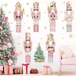 Produktbild: decalmile Weihnachten Fenster Wandtattoo Weihnachten Rosa Nussknacker Wandaufkleber Weihnachtsbaum Nussknacker Soldat Goldene Schneeflocken Wandsticker Kinderzimmer Party Weihnachtsdeko