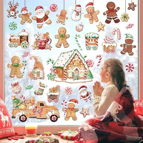 Produktbild: decalmile Weihnachten Fensteraufkleber Lebkuchenmann Süßigkeitenhaus Fenster Abziehbilder Pfefferminze Kekse LKW Anti-Kollision Fensterfolie Statische Aufkleber Party Zuhause Küche Dekoration Mehrweg