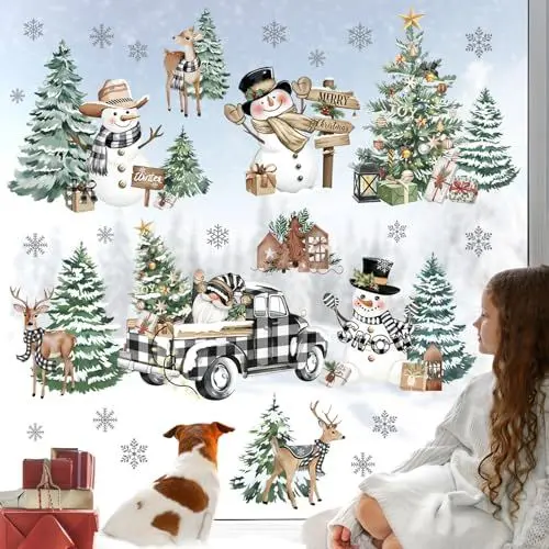 Produktbild: decalmile Weihnachten Fensteraufkleber Schneemann Auto Fenster Abziehbilder Weihnachtsbaum Rentier Anti-Kollision Fensterfolie Statische Aufkleber Winter Fensterdeko Glas Weihnachtsdeko