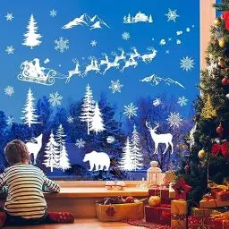 Produktbild: decalmile Weihnachten Fensteraufkleber Weihnachtsmann und Rentiere Weihnachts Fensterdeko Fensterfolie Weihnachten Fensterbilder Schneeflocken Fenster Statische Aufkleber Glas Weihnachtsdeko