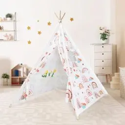Produktbild: decalsweet Tipi Zelt für Kinder mit Kieferpfahl & Holz Stabilisierung & Niedliche Muster, Kinderzelt für Drinnen und Draussen, Zelt Kinderzimmer Spielzelt für Mädchen Jungen Bohemian Regenbogen Beige
