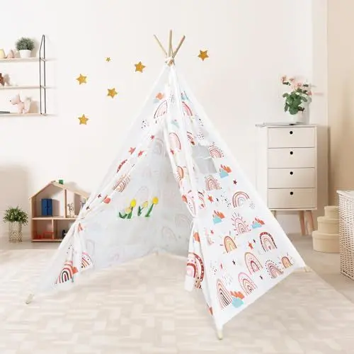 Produktbild: decalsweet Tipi Zelt für Kinder mit Kieferpfahl & Holz Stabilisierung & Niedliche Muster, Kinderzelt für Drinnen und Draussen, Zelt Kinderzimmer Spielzelt für Mädchen Jungen Bohemian Regenbogen Beige