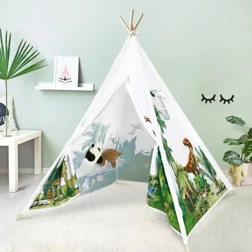 Produktbild: decalsweet Tipi Zelt für Kinder mit Kieferpfahl & Holz Stabilisierung & Niedliche Muster, Kinderzelt für Drinnen und Draussen, Zelt Kinderzimmer Spielzelt für Mädchen Jungen Dinosaurier Grün