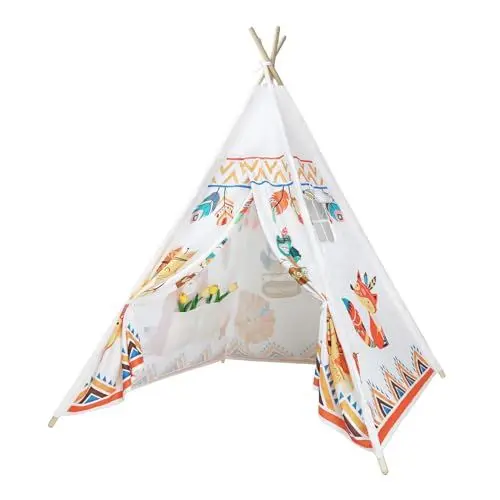Produktbild: decalsweet Tipi Zelt für Kinder mit Kieferpfahl & Holz Stabilisierung & Niedliche Muster, Kinderzelt für Drinnen und Draussen, Zelt Kinderzimmer Spielzelt für Mädchen Jungen Dschungel-Tiere Beige