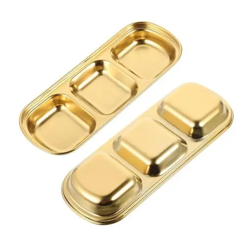 Produktbild: DECHOUS 2st Gewürzgericht Handhaben Dreiteilige Schüssel Zum Servieren Aus Gold Dipbecher Nudelschalen Obstschale Chip- Und Dip-servierschale Doppelte Tauchschale Rostfreier Stahl Golden