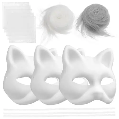 Produktbild: DECHOUS Katzenmasken-Set Mit Fellen Und Augennetzen 3 Stück Weiße -Masken Leere Tier-Papiermasken Zum Bemalen Diy-Halloween-Katzen- -Set Für Maskerade Cosplay-Party