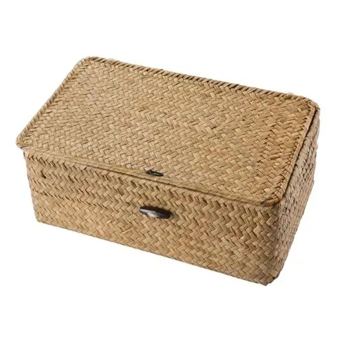 Produktbild: DECHOUS Rattan Aufbewahrungskorb Handgeflochtener Korb Multifunktionaler Aufbewahrungskorb mit Deckel Bad Küche Haus Lagerung (Größe S)