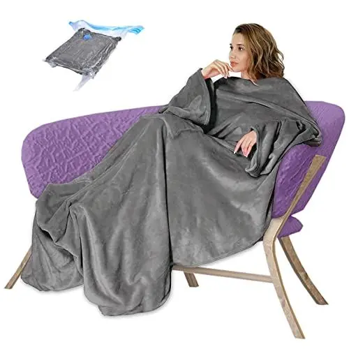 Produktbild: Decke mit Ärmeln - Kuscheldecke Flanell mit Kompressionsbeutel, Erwachsene Ärmeldecke Ganzkörperdecke, Vordertasche zur Aufbewahrung, Verdickte Weich Fleecedecke für Sofa, Büro, Geschenk, 170x200 cm