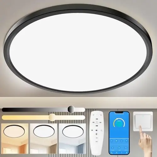 Produktbild: Yexati Deckenlampe LED Deckenleuchte Dimmbar 24W 3000K-6500K mit Fernbedienung, 3200LM Schlafzimmer Lampe IP54 Rund Flach Küchenlampe für Flur Badezimmer Balkon Wohnzimmer Büro Keller Schwarz Ø30cm