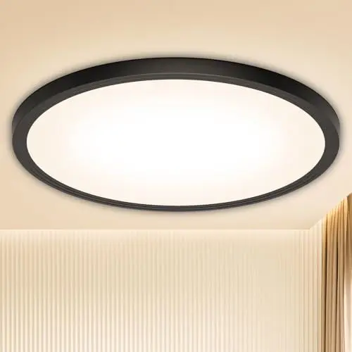 Produktbild: Deckenlampe Led Deckenleuchte Schwarz Lampe - Flach Rund Modern Warmweiss Deckenlampe Badezimmer Lampe Decke Badlampe Küchenlampe für Wohnzimmer Keller Flur Küche Schlafzimmer - 18W 3000K 1600LM 22CM