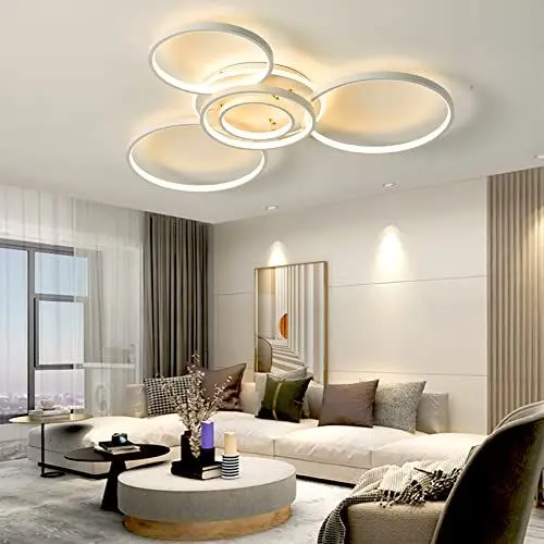 Produktbild: Deckenleuchten Dimmbare Wohnzimmerlampe mit Fernbedienung, 95cm, 6-Ring Deckenlampe 76W 7600LM Deckenleuchte aus Metall Modern-Design für Schlafzimmer, Küche, Esszimmer, Wohnzimmer (Weiß-95CM)