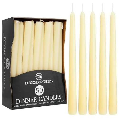 Produktbild: DECO EXPRESS Stabkerzen Set 6er, 10, 15 oder 50er, Lange Brenndauer bis zu 8 Std, Geruchslos(Elfenbein, 50-er Set)