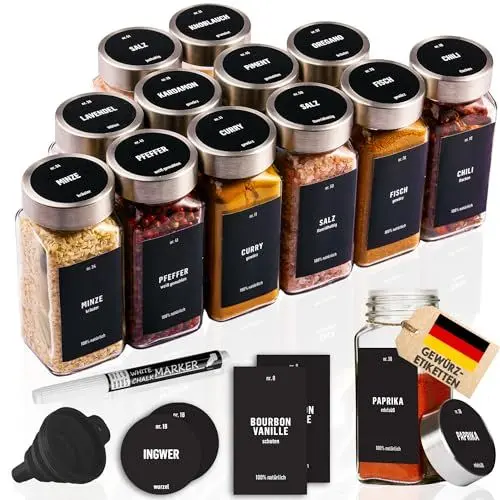 Produktbild: Deco Haus® Gewürzgläser eckig luftdicht 12er Set (inkl. Etiketten & Streueinsatz) - Gewürzdosen Set Glas - Gewürzbehälter Spice Jars - Gewürze Aufbewahrung - Behälter für Gewürze - Gewürzaufbewahrung