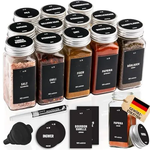 Produktbild: Deco haus® Gewürzgläser eckig mit Schraubkappe 12er Set (+Etiketten & Streueinsatz) - Gewürzdosen Set Glas - Gewürzbehälter Spice Jars - Gewürze Aufbewahrung - Behälter für Gewürze Gewürzaufbewahrung