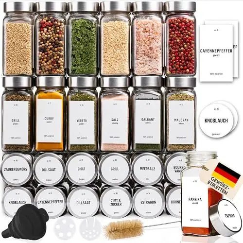 Produktbild: Deco haus® Gewürzgläser eckig mit Schraubkappe 24er Set (+Etiketten & Streueinsatz) - Gewürzdosen Set Glas - Gewürzbehälter Spice Jars - Gewürze Aufbewahrung - Gewürz Organizer Gewürzaufbewahrung