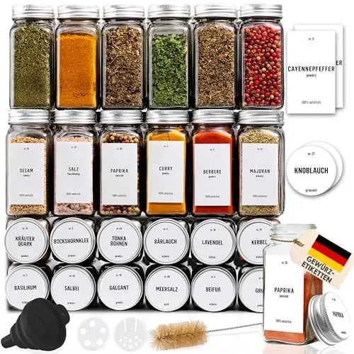 Produktbild: Deco haus® Gewürzgläser eckig mit Schraubkappe 36er Set (+Etiketten & Streueinsatz) - Gewürzdosen Set Glas - Gewürzbehälter Spice Jars - Gewürze Aufbewahrung - Gewürz Organizer Gewürzaufbewahrung