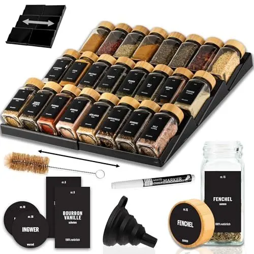 Produktbild: Deco haus Gewürzregal mit Gläsern (MIT 24 GEWÜRZGLÄSER & ETIKETTEN) - Gewürzregal Schublade ausziehbar - Gewürz Organizer Schublade - Gewürz Schubladeneinsatz Gewürze - Gewürzorganizer