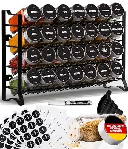 Produktbild: Deco haus® Gewürzregal Stehend & Wand (MIT 28 GLÄSERN & ETIKETTEN) - Gewürz Organizer - Gewürzregal Wand - Gewürzregale Spice Rack Organizer - Gewürzständer Gewürzregal Hängend - Gewürzregal Schrank