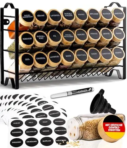 Produktbild: Deco haus® Gewürzregal Stehend & Wand (MIT GEWÜRZDOSEN & ETIKETTEN) - Gewürz Organizer - Spice Rack Organizer - Gewürzständer - Gewürzregalsystem Hängend - Gewürzaufbewahrung - Gewürzgläser mit Regal