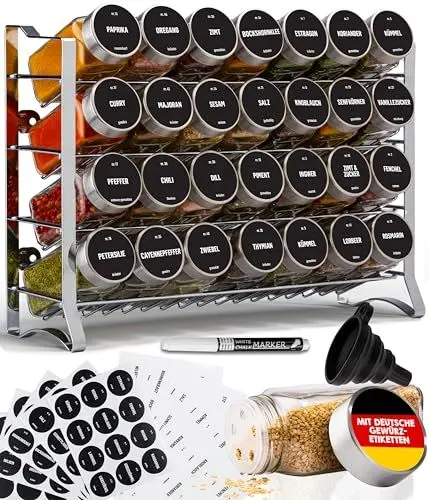 Produktbild: Deco haus® Gewürzregal Wand & Stehend (MIT GEWÜRZDOSEN & ETIKETTEN) - Gewürz Organizer - Gewürzregal Stehend - Gewürzregale Spice Rack Organizer - Gewürzständer Gewürzregal Hängend Gewürzaufbewahrung