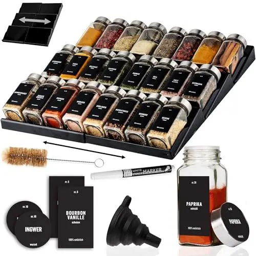 Produktbild: Deco haus Gewürzregal mit Gläsern (MIT 24 GEWÜRZGLÄSER & ETIKETTEN) - Gewürzregal Schublade ausziehbar - Gewürz Organizer Schublade - Gewürz Schubladeneinsatz Gewürze - Gewürzorganizer