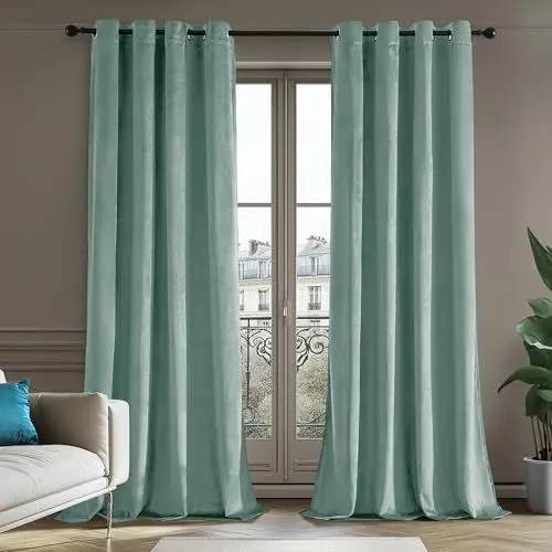 Produktbild: Deconovo 100% Vollverdunkelung Vorhänge Blickdichter Gardinen mit Ösen für Schlafzimmer Velvet Curtains Samt Blackout Vorhang Kälteschutz Dicke Thermovorhang, 270x140cm(HöhexBreite), Blau, 2er Set