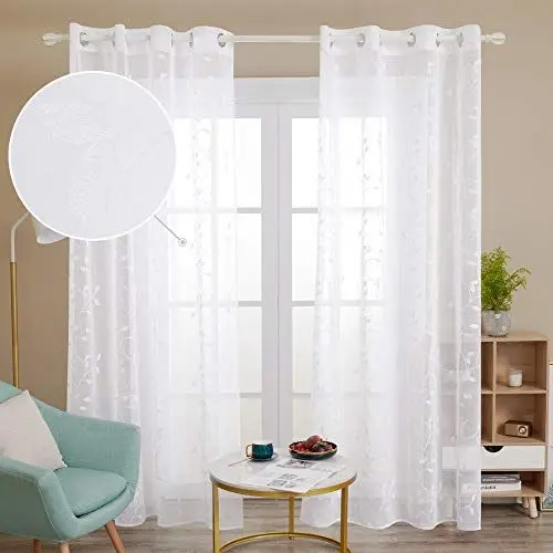 Produktbild: Deconovo Gardinen Schals Gardinen Wohnzimmer modern mit Ösen Weiss Transparent Vorhang Deko Store Blatt, 240x140 cm(HöhexBreite), Weiß, 2er Set