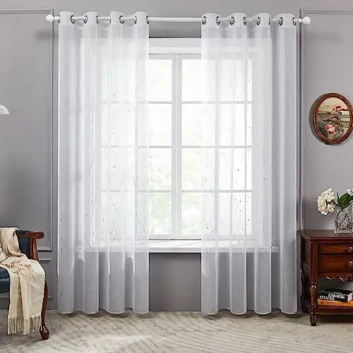 Produktbild: Deconovo Gardinen Weiß Vorhang Transparent Leinenoptik Ösenvorhang Voile Ösenschal Wohnzimmer, 215x140, Welle