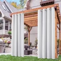 Produktbild: Deconovo Outdoor Vorhang Wetterfest Blickdichte Vorhänge Terrassen Sichtschutz Gardinen Sonnenschutz Wasserdicht Outdoorvorhänge für Balkon Pavillon, 214x132 cm(HöhexBreite), Grau Weiß, 2er Set