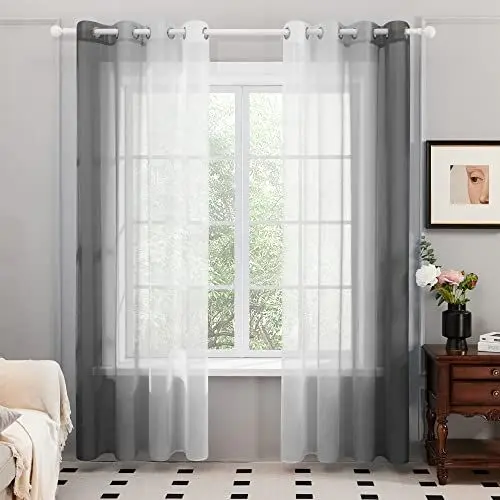 Produktbild: Deconovo Voile Vorhänge Durchsichtig Gardine Balkon mit Ösen, 215x140 cm(HöhexBreite), Dunkel Grau, 2er Set