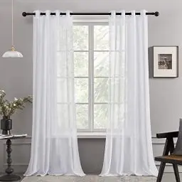 Produktbild: Deconovo Vorhänge Weiss Transparent Gardinen mit Ösen Wohnzimmer Ösenschal Ösenvorhang in Leinenoptik, 175x140 cm(HöhexBreite), Weiß, 2er Set
