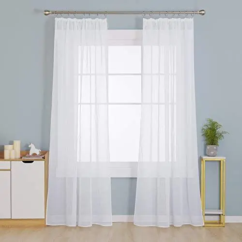Produktbild: Deconovo Vorhang mit Kräuselband Wohnzimmer Stores Schal Transparent Gardinen für Schiene Schlafzimmer Leinenoptik, 229x140 cm(HöhexBreite), Weiß, 2er Set