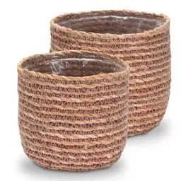 Produktbild: Decorasian Seegras Blumentopf – Übertopf geflochten – dekorativer Planzenkorb mit Folieneinsatz im Boho Stil - natur/rot, Set S