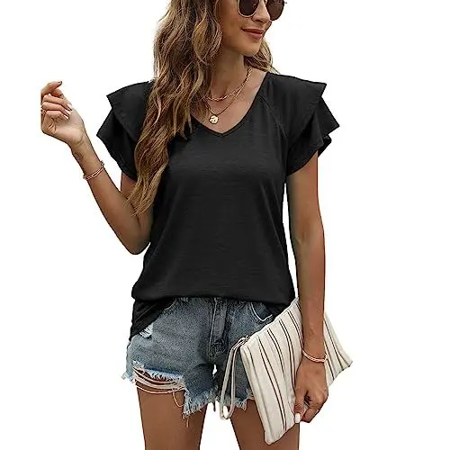 Produktbild: Decorie Bluse Damen Sommer Tshirt V Ausschnitt Kurzarm Damen Oberteile Elegant Damenblusen Casual Blusenshirt Tunika,A-Schwarz,L